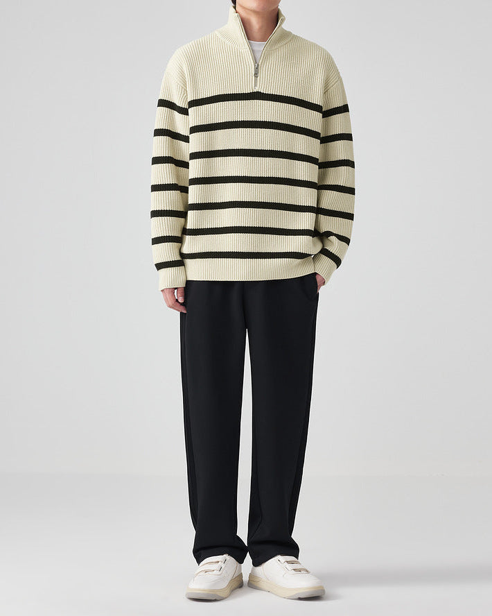 Momeike ThermalWave Men's Half-Zip Striped Knit Sweater - Warm, Stylish Pullover