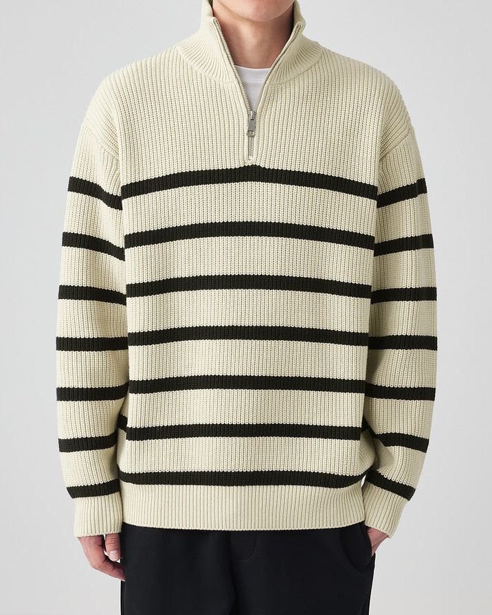 Momeike ThermalWave Men's Half-Zip Striped Knit Sweater - Warm, Stylish Pullover