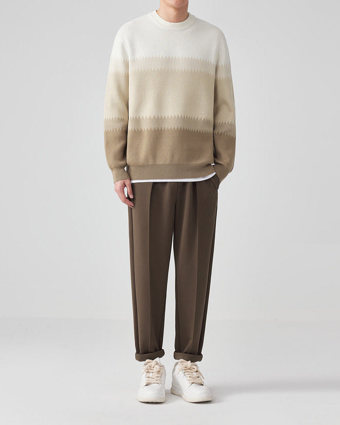 Chic Color-Block Crew Neck Sweater with Sesame Dot Jacquard Pattern