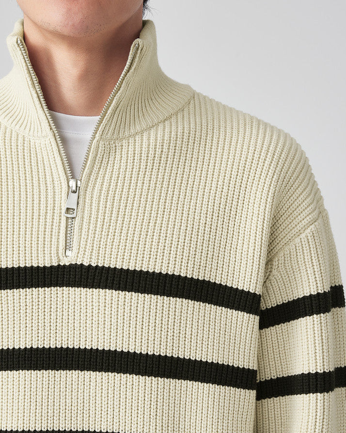 Momeike ThermalWave Men's Half-Zip Striped Knit Sweater - Warm, Stylish Pullover