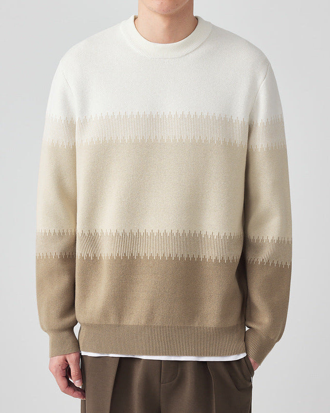 Chic Color-Block Crew Neck Sweater with Sesame Dot Jacquard Pattern