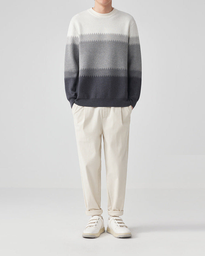 Chic Color-Block Crew Neck Sweater with Sesame Dot Jacquard Pattern