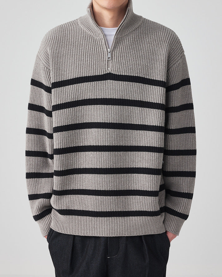 Momeike ThermalWave Men's Half-Zip Striped Knit Sweater - Warm, Stylish Pullover