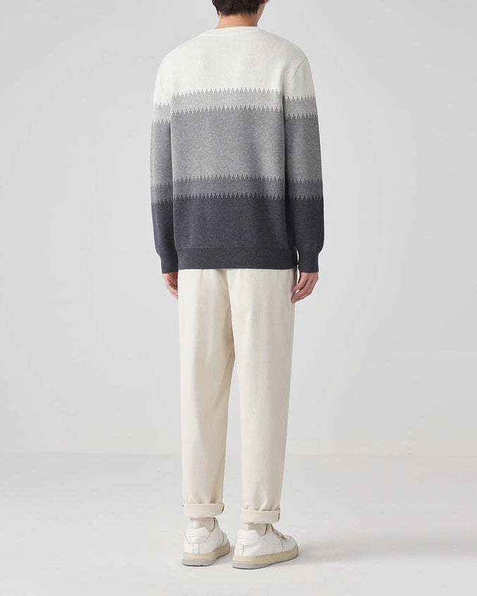 Chic Color-Block Crew Neck Sweater with Sesame Dot Jacquard Pattern