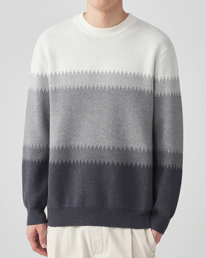 Chic Color-Block Crew Neck Sweater with Sesame Dot Jacquard Pattern