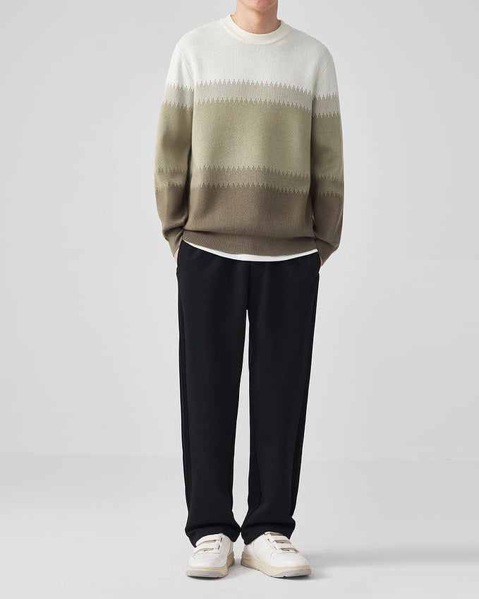 Chic Color-Block Crew Neck Sweater with Sesame Dot Jacquard Pattern