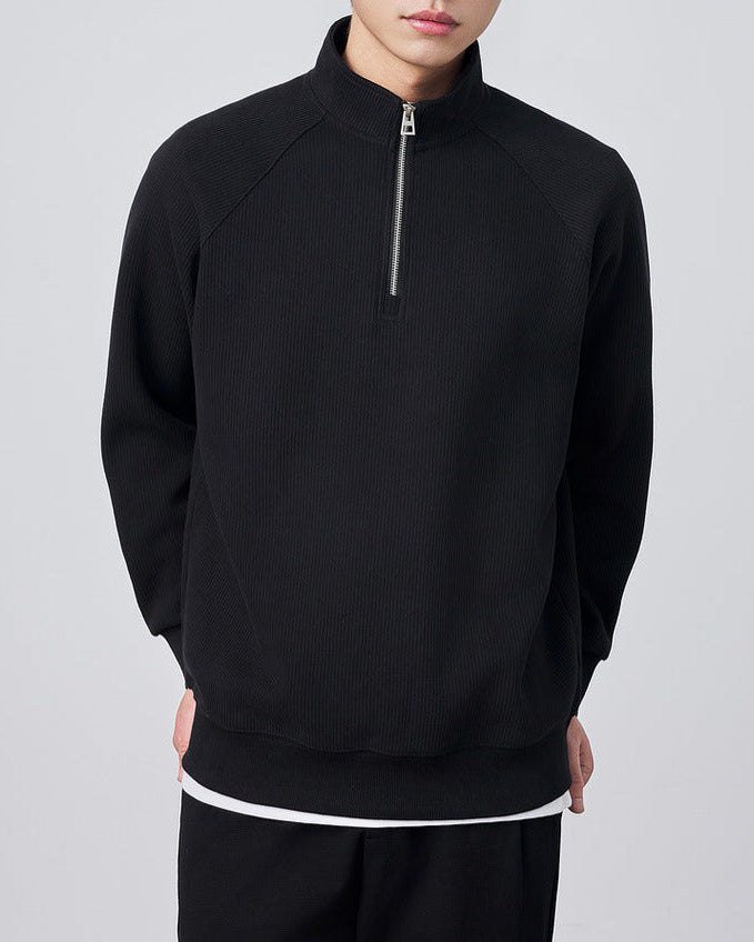 Men's Vertical Texture Half-Zip Stand Collar Sweatshirt - Casual Winter Pullover