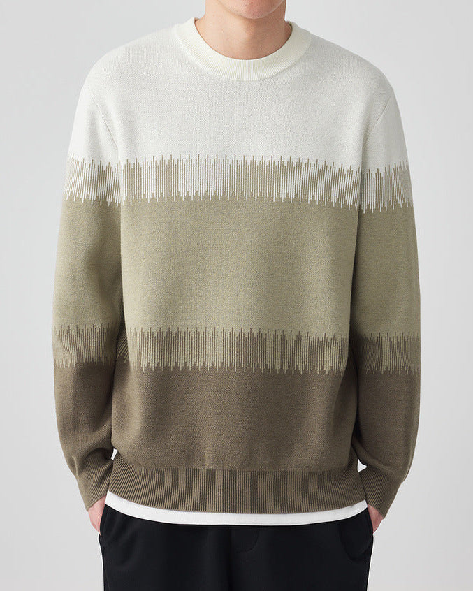 Chic Color-Block Crew Neck Sweater with Sesame Dot Jacquard Pattern