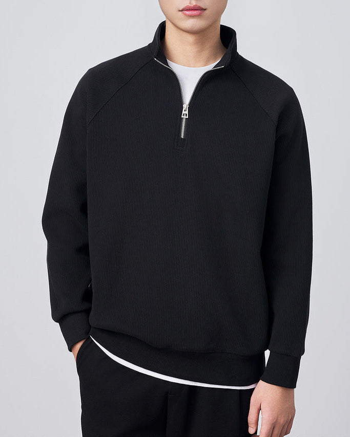 Men's Vertical Texture Half-Zip Stand Collar Sweatshirt - Casual Winter Pullover