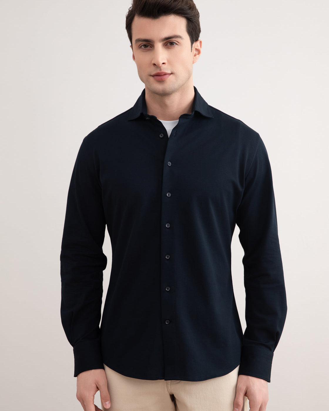 Elegant Navy Cotton Piqué Shirt - Slim Fit, Spread Collar, Ultimate Comfort