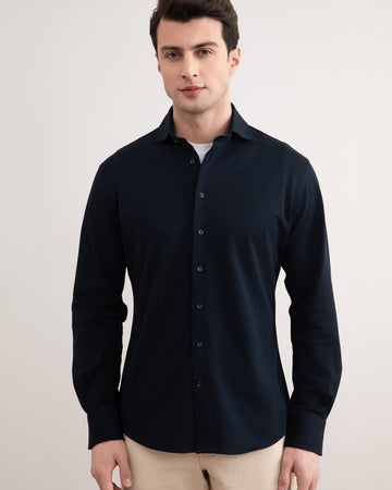 Elegant Navy Cotton Piqué Shirt - Slim Fit, Spread Collar, Ultimate Comfort