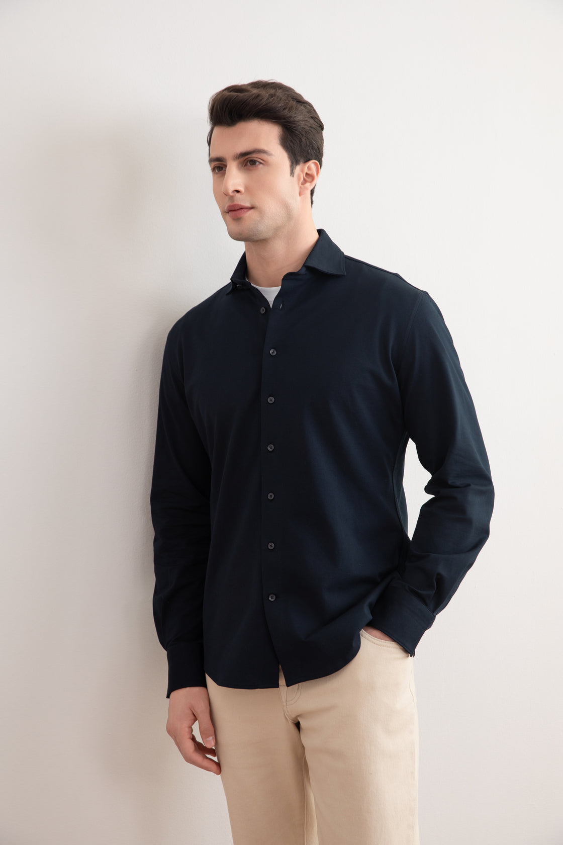 Elegant Navy Cotton Piqué Shirt - Slim Fit, Spread Collar, Ultimate Comfort