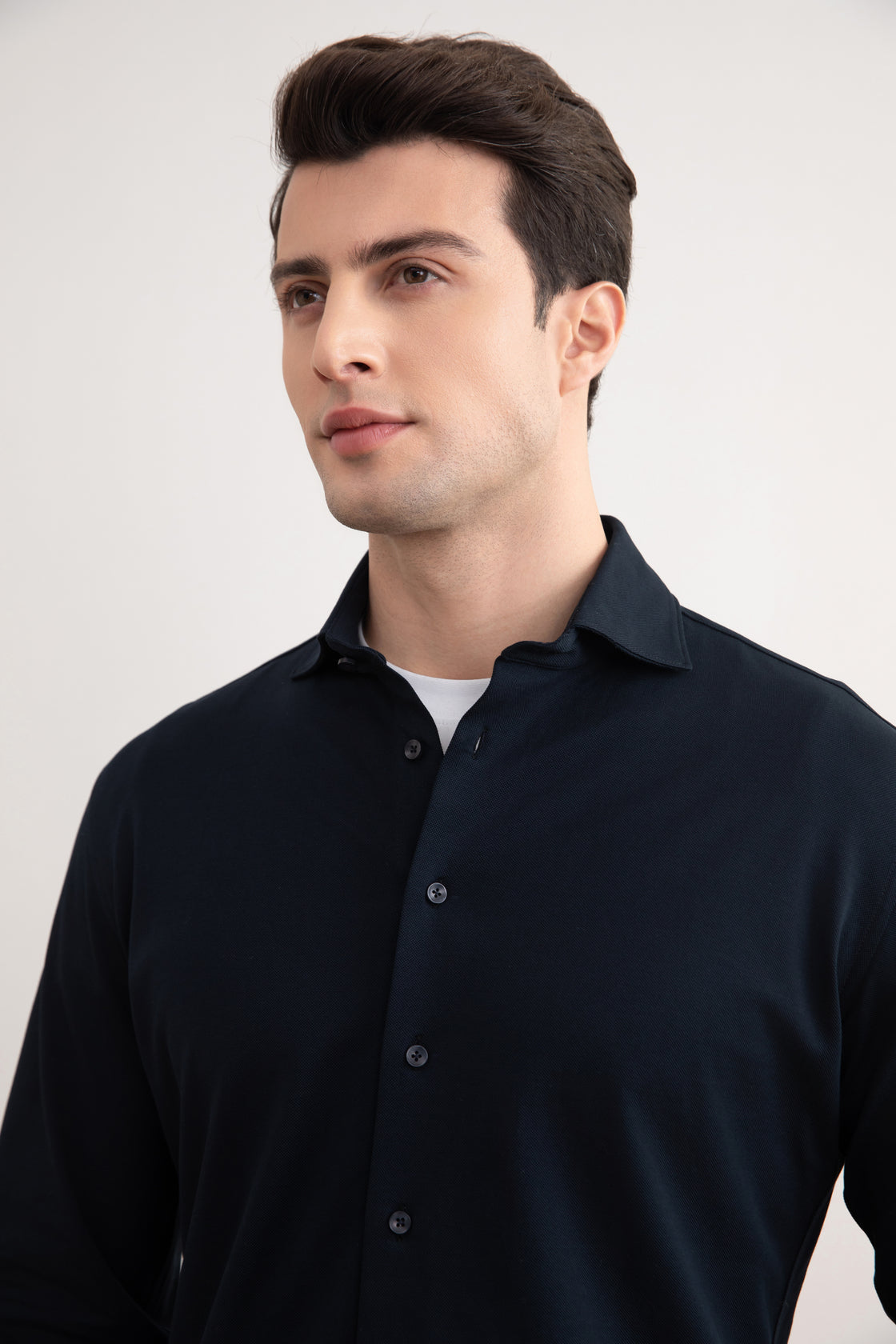 Elegant Navy Cotton Piqué Shirt - Slim Fit, Spread Collar, Ultimate Comfort