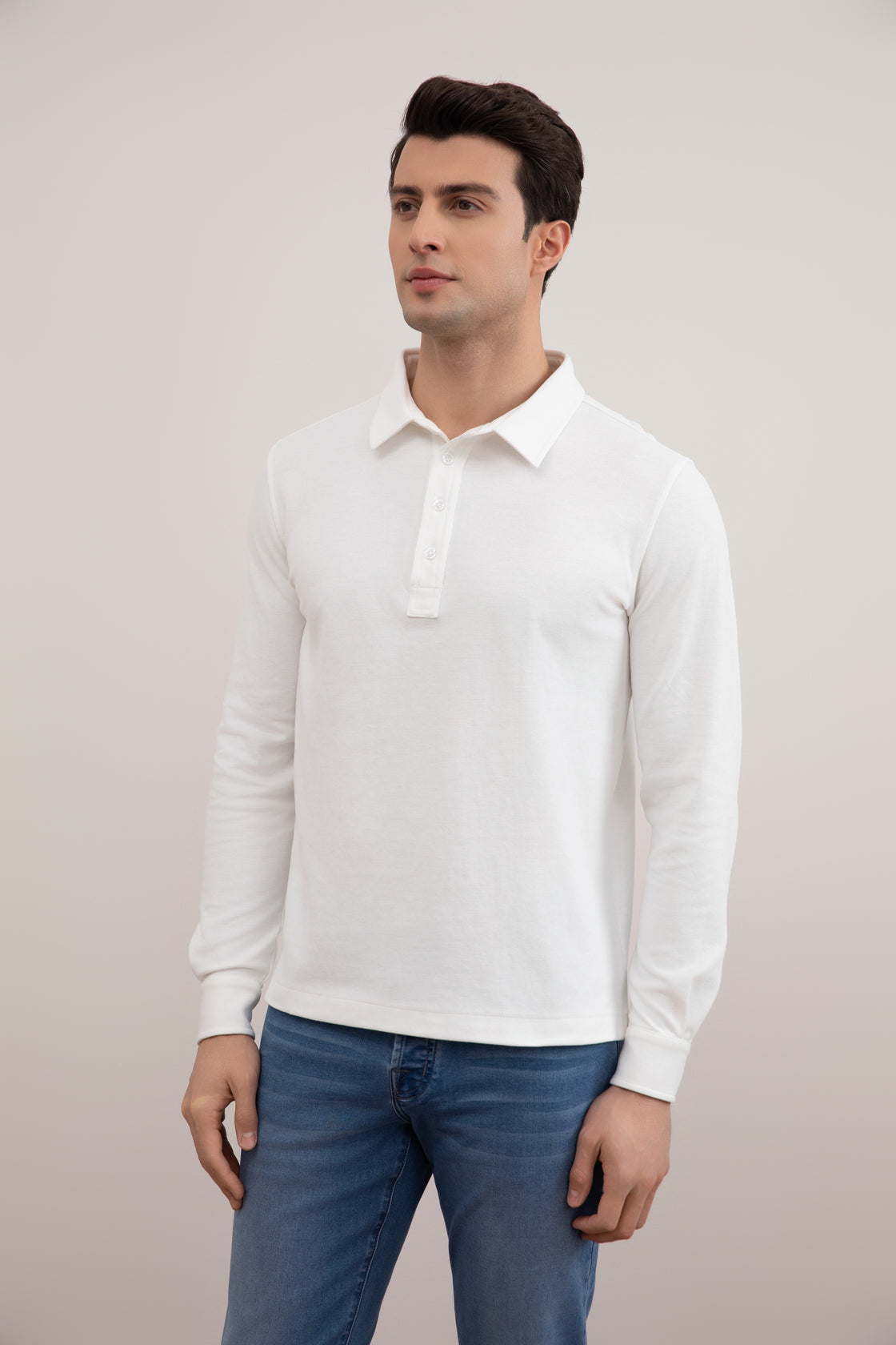 Premium Men's Panama Jersey Long Sleeve Polo - Cotton Blend, Button Collar