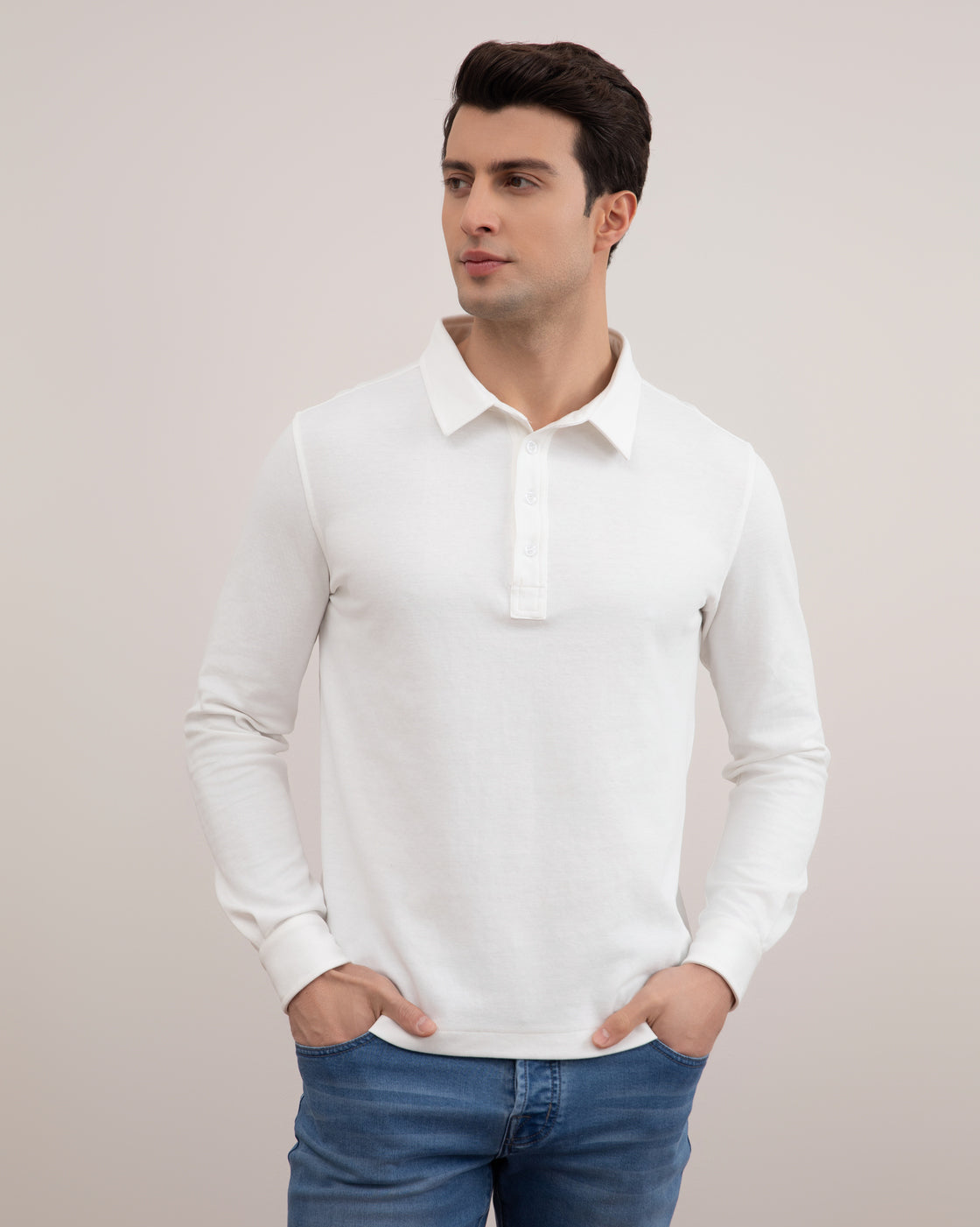 Premium Men's Panama Jersey Long Sleeve Polo - Cotton Blend, Button Collar
