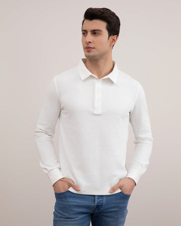 Premium Men's Panama Jersey Long Sleeve Polo - Cotton Blend, Button Collar