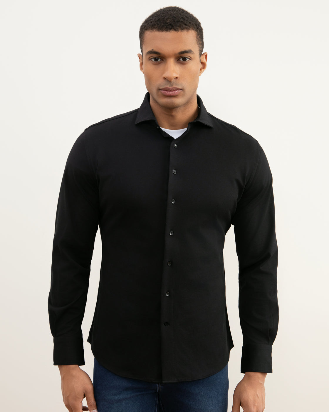 Premium Black Cotton Piqué Men's Shirt with Spread Collar and Slim Fit