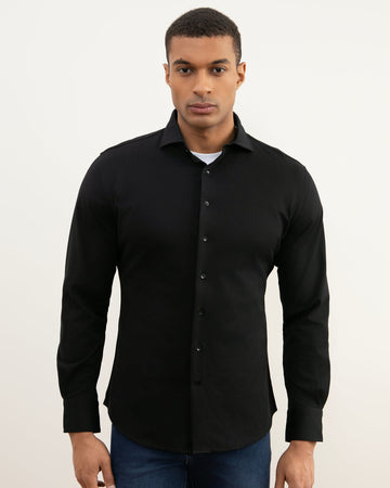 Premium Black Cotton Piqué Men's Shirt with Spread Collar and Slim Fit