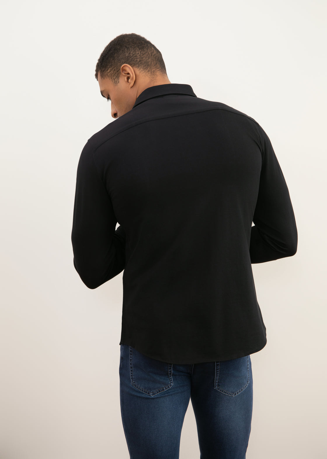 Premium Black Cotton Piqué Men's Shirt with Spread Collar and Slim Fit