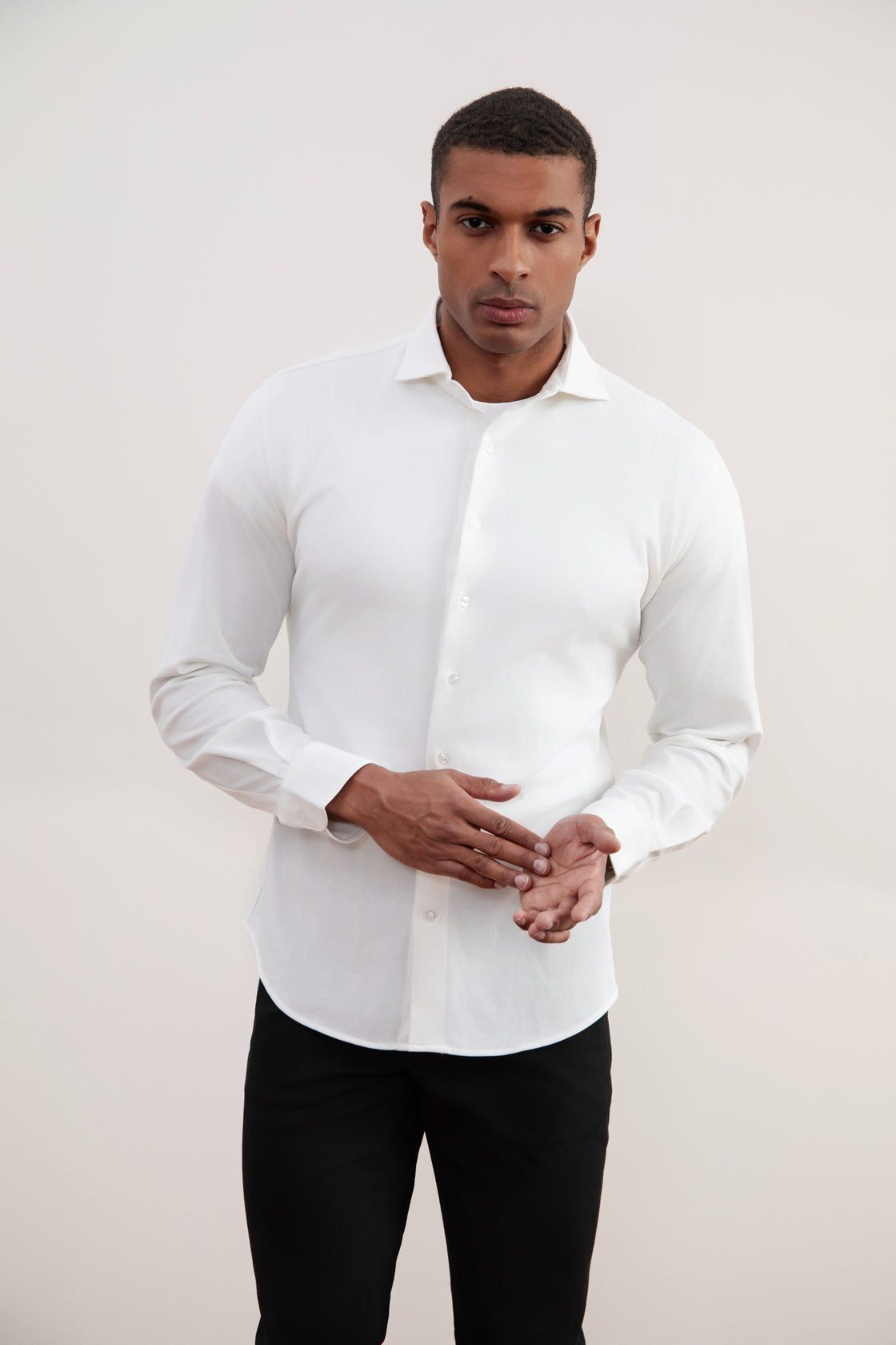 Men's Premium Off-White Cotton Piqué Slim Fit Shirt with Elegant Spread Collar