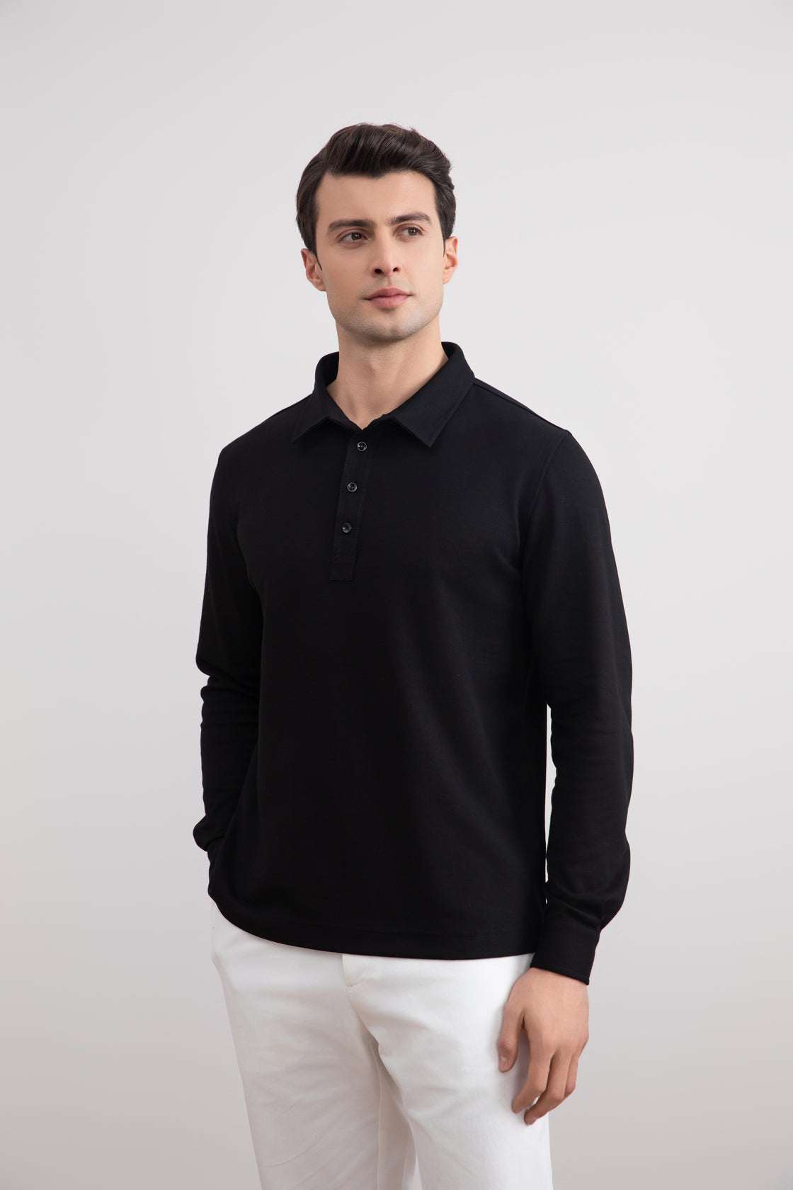 Men's Black Jersey Polo Shirt: Soft Cotton Blend, Long Sleeve Style