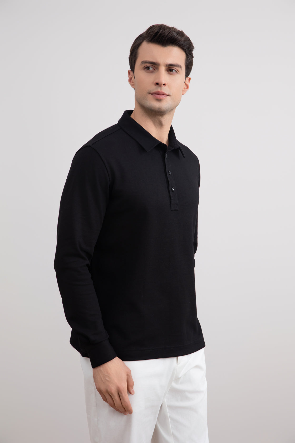 Men's Black Jersey Polo Shirt: Soft Cotton Blend, Long Sleeve Style