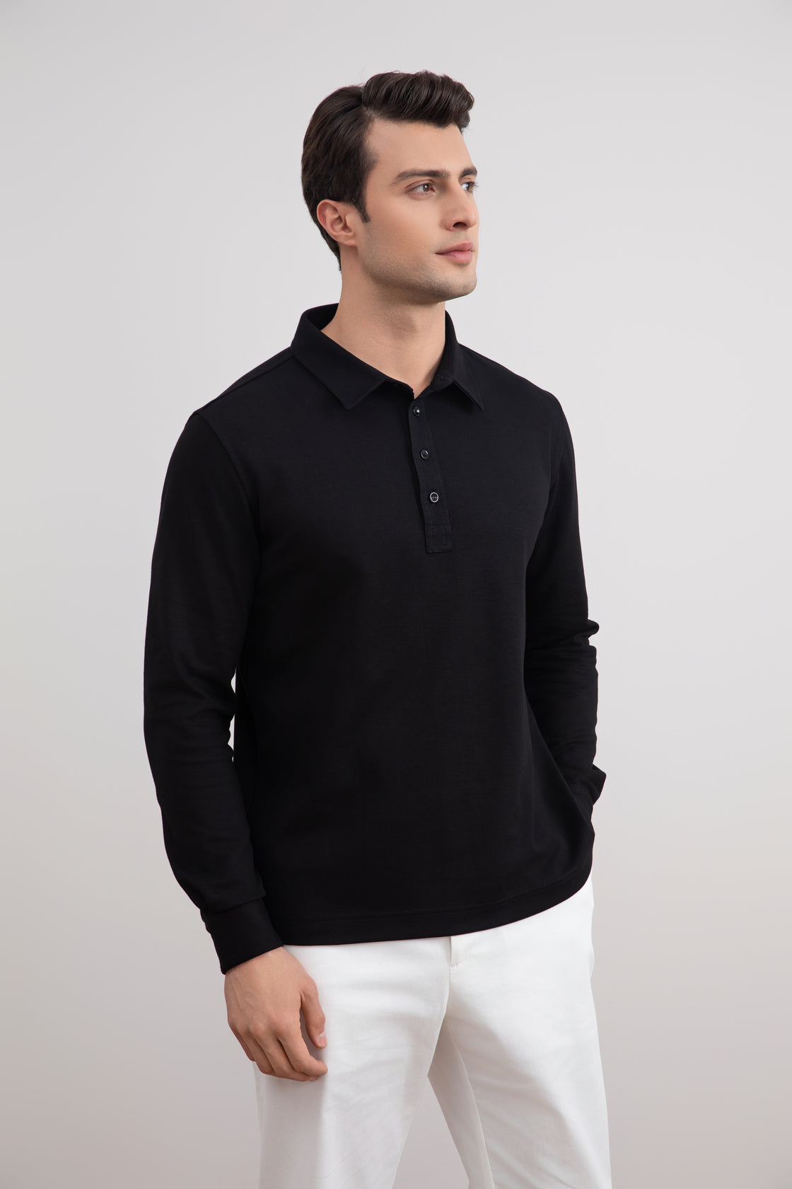 Men's Black Jersey Polo Shirt: Soft Cotton Blend, Long Sleeve Style