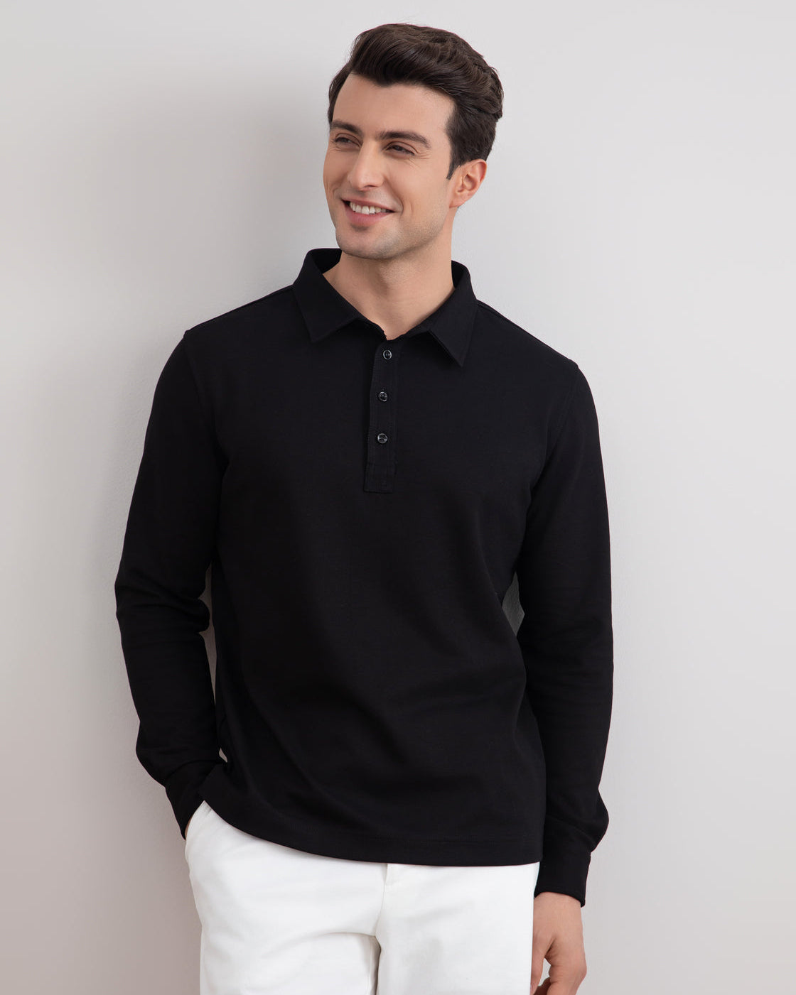 Men's Black Jersey Polo Shirt: Soft Cotton Blend, Long Sleeve Style