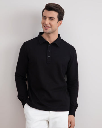 Men's Black Jersey Polo Shirt: Soft Cotton Blend, Long Sleeve Style