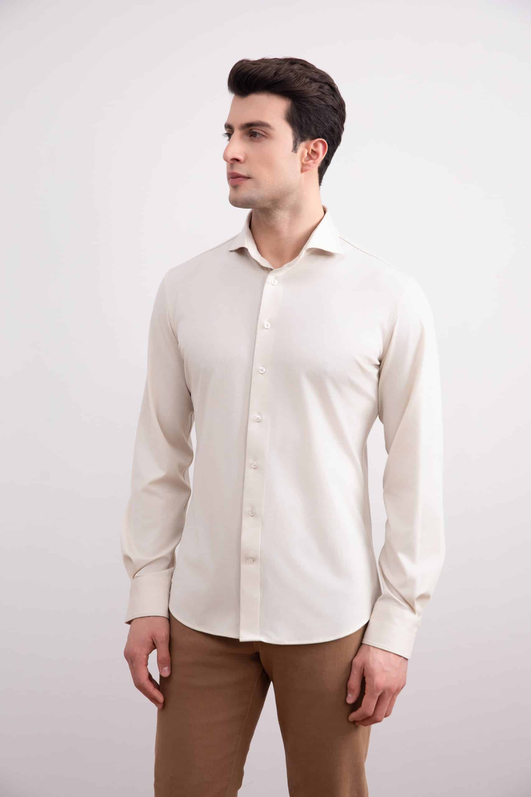 Soft Beige Comfort Cotton Tailoring Shirt with Semi-Spread Collar Cuffs