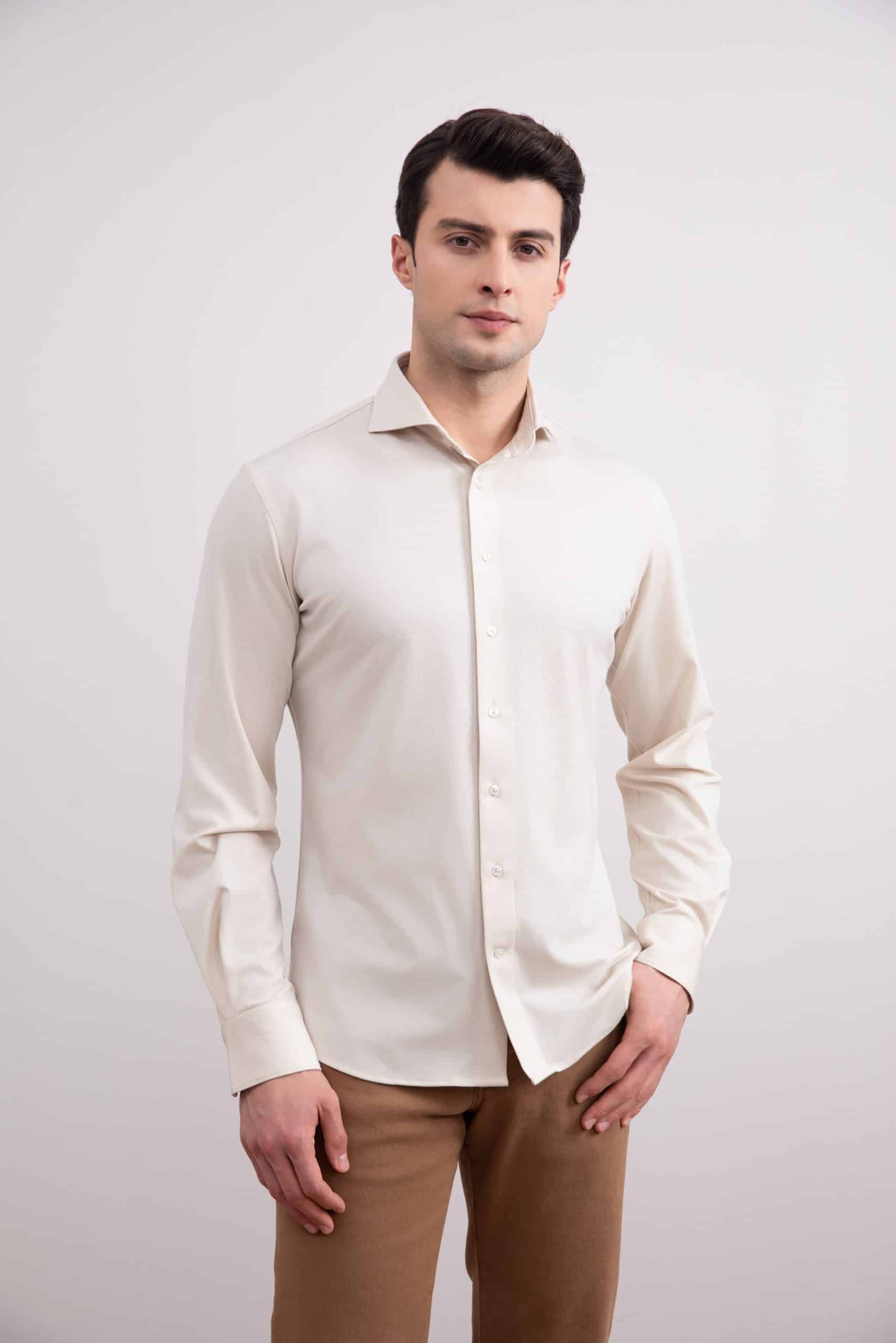 Soft Beige Comfort Cotton Tailoring Shirt with Semi-Spread Collar Cuffs