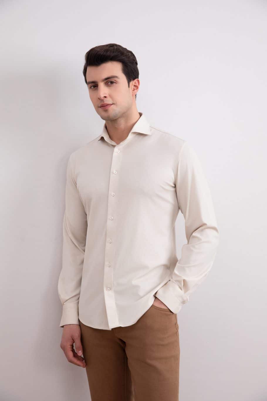 Soft Beige Comfort Cotton Tailoring Shirt with Semi-Spread Collar Cuffs