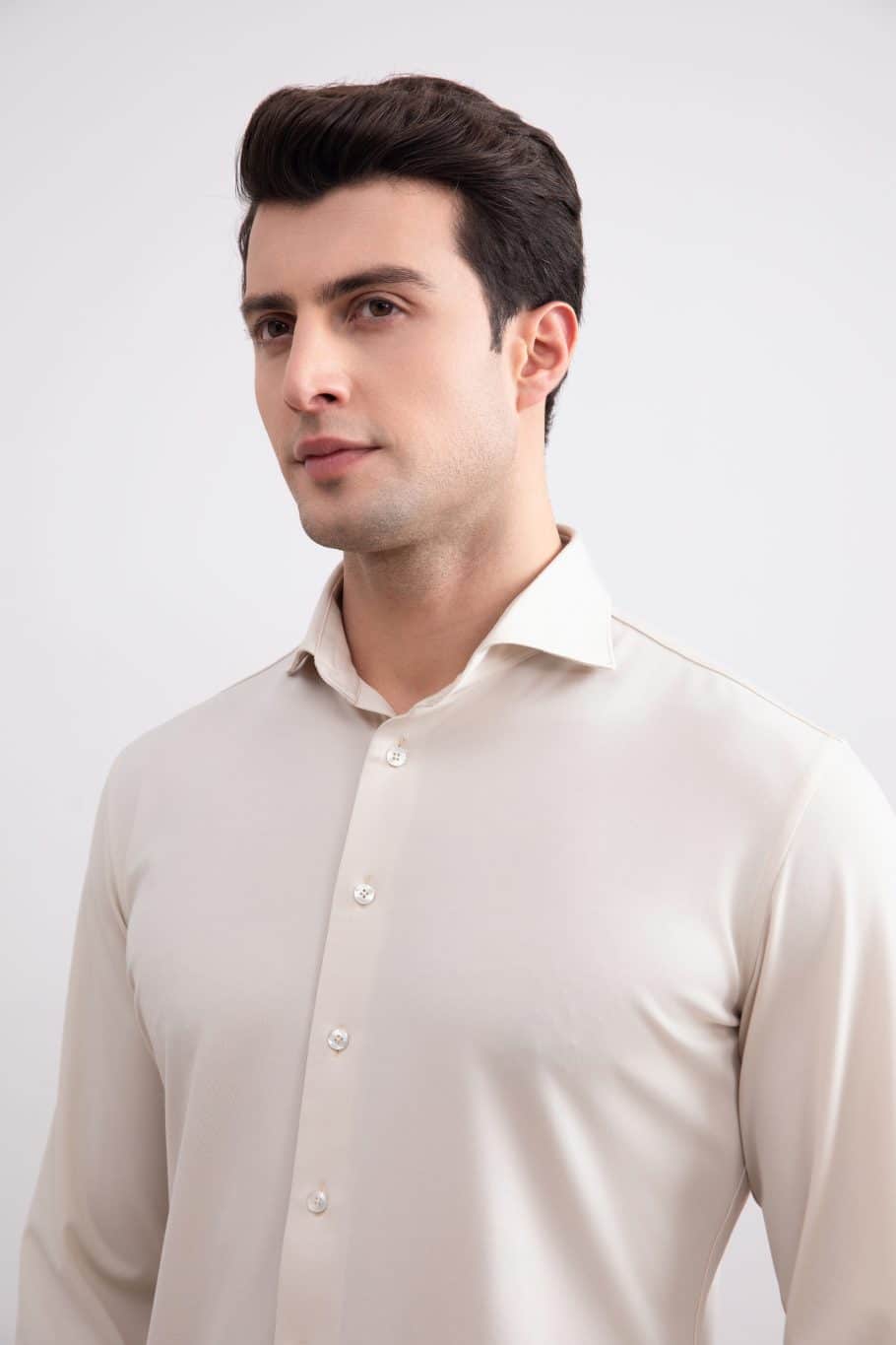 Soft Beige Comfort Cotton Tailoring Shirt with Semi-Spread Collar Cuffs