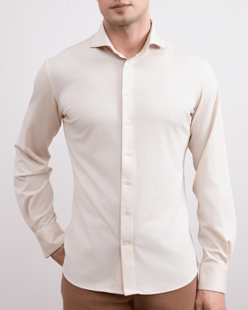 Soft Beige Comfort Cotton Tailoring Shirt with Semi-Spread Collar Cuffs